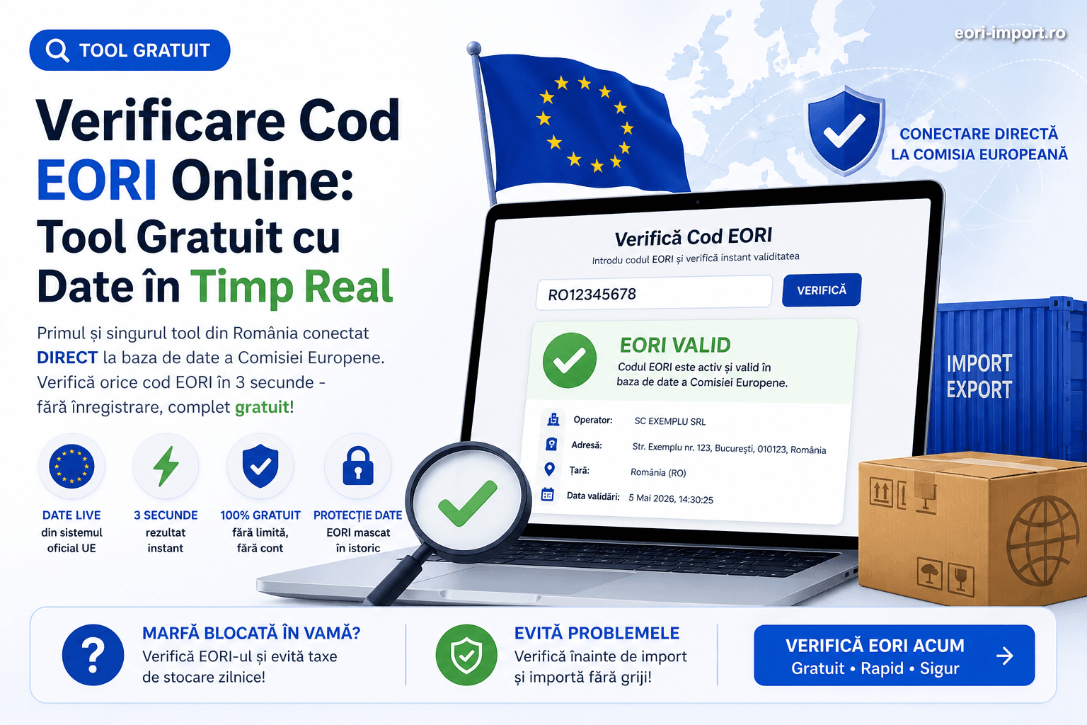 Verificare cod EORI - tool gratuit cu date LIVE de la Comisia Europeană