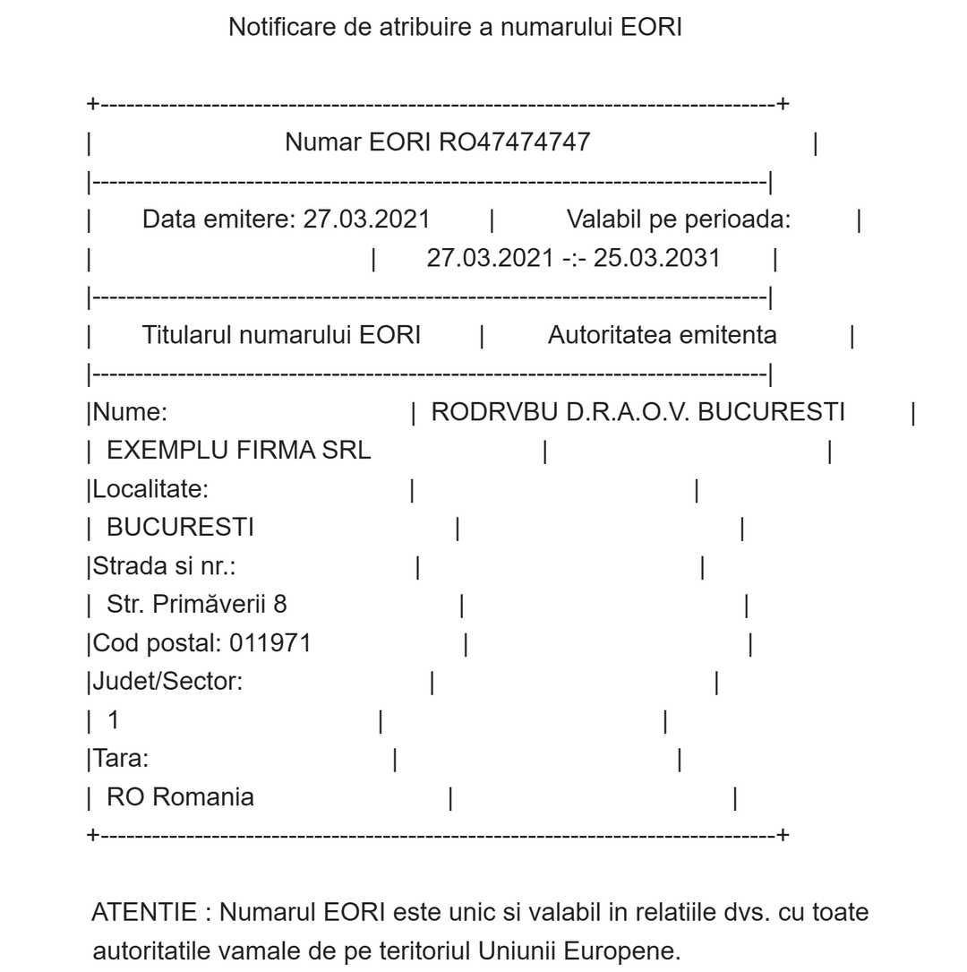 Exemplu notificare de atribuire a numărului EORI (date fictive)